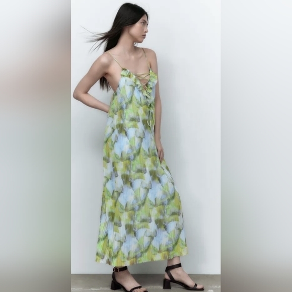 NWT ZARA Tulle spaghetti strap long teal light green cross tie v neck down front - Picture 9 of 13